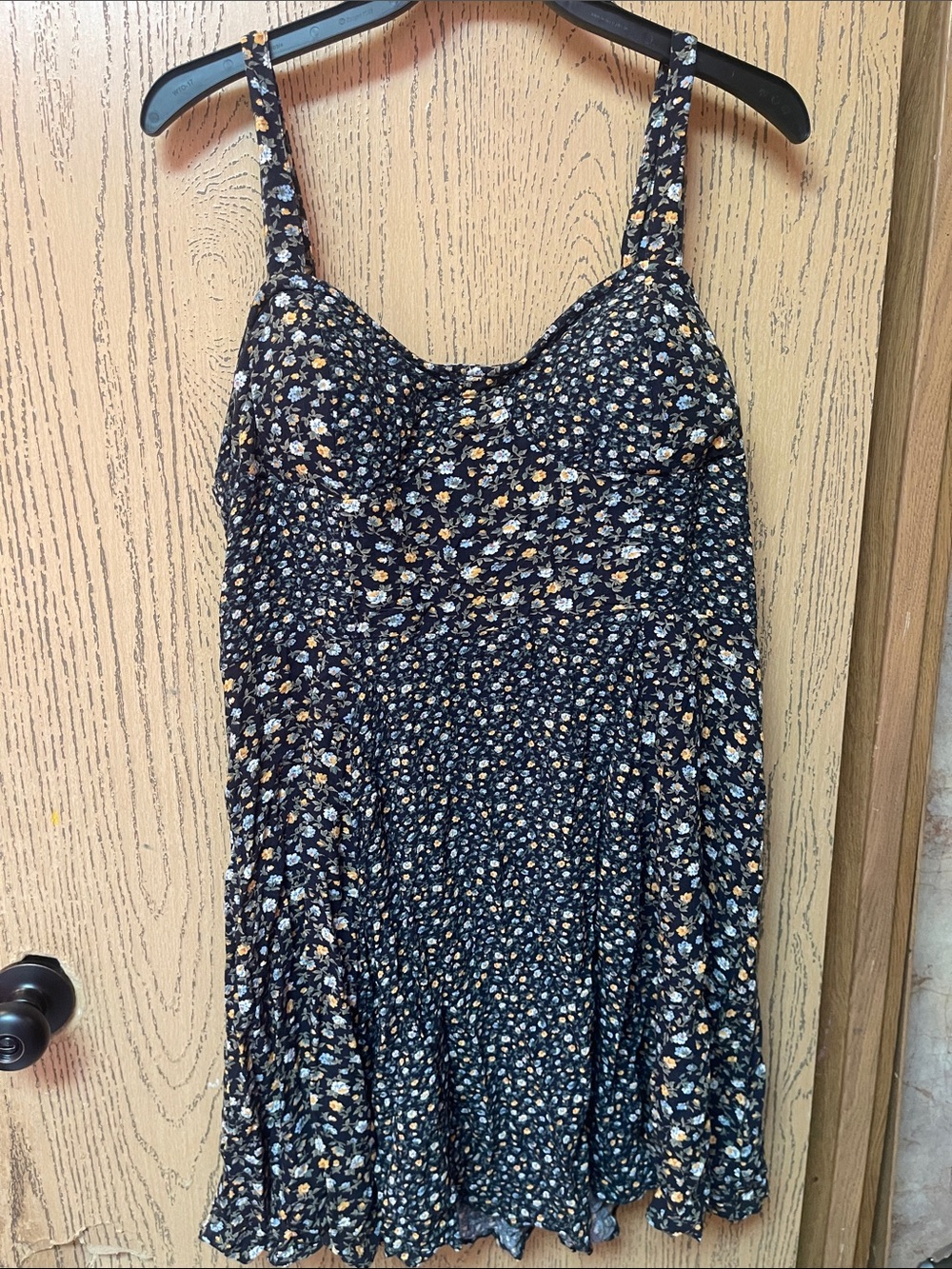 American Eagle Black Floral Smocked Top with White & Gold Accents